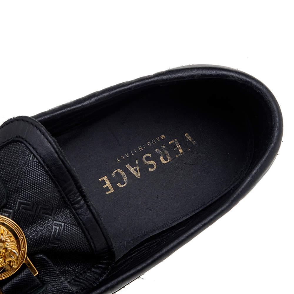 Versace Black Leather And Monogram Fabric Medusa Slip On Loafers Size 44 For Sale 2