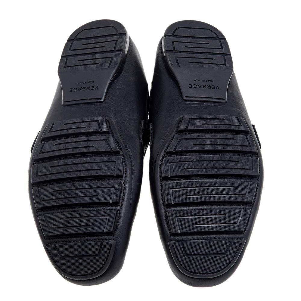 Versace Black Leather And Monogram Fabric Medusa Slip On Loafers Size 44 For Sale 4