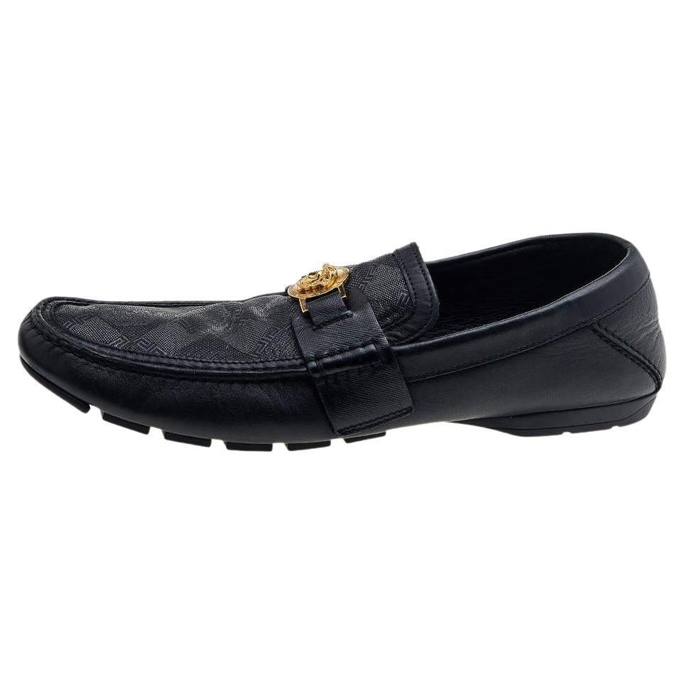 Versace Black Leather And Monogram Fabric Medusa Slip On Loafers Size 44
