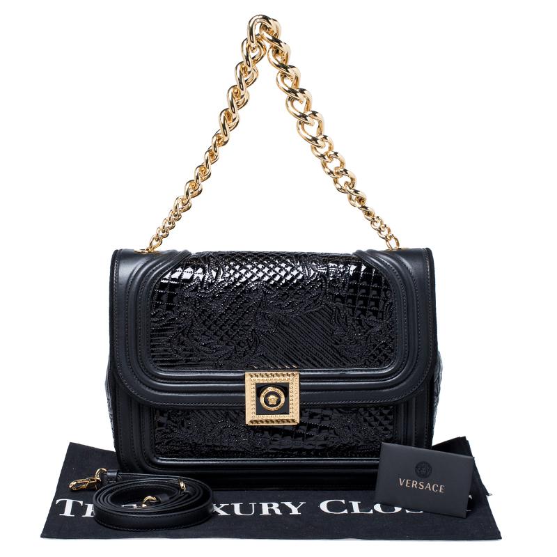 Versace Black Leather and Patent Leather Chain Flap Shoulder Bag 7