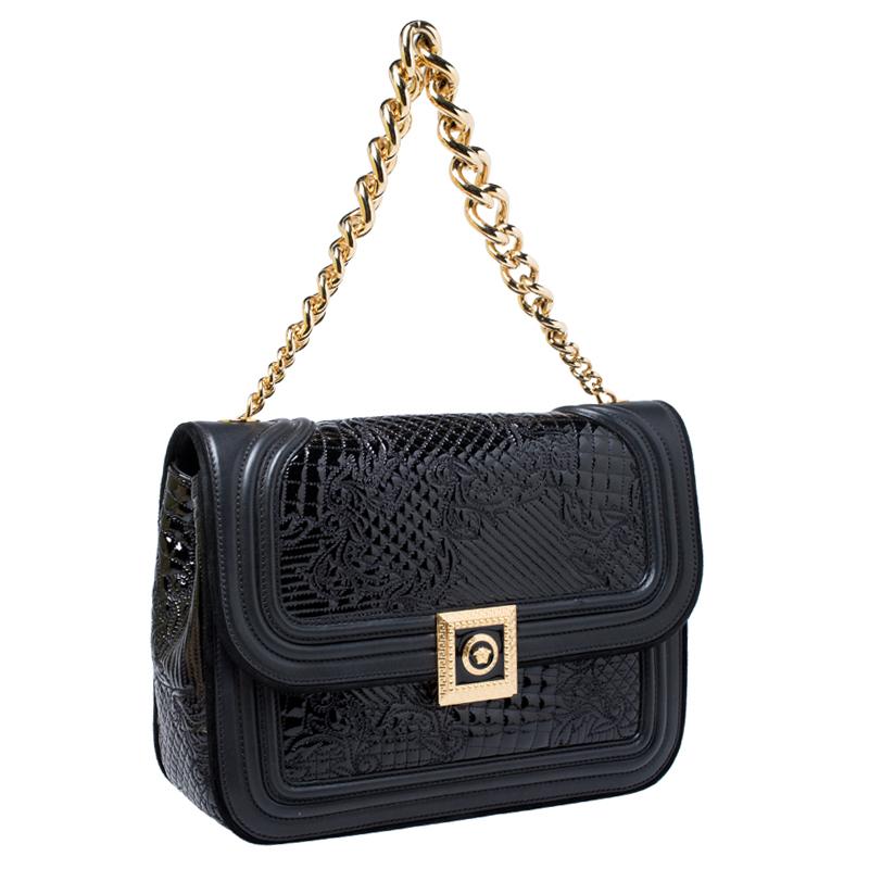 Women's Versace Black Leather and Patent Leather Chain Flap Shoulder Bag