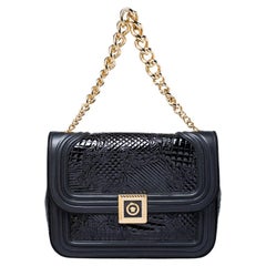 Versace Black Leather and Patent Leather Chain Flap Shoulder Bag