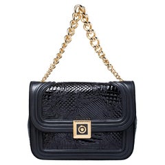 Versace Black Leather and Patent Leather Chain Flap Shoulder Bag