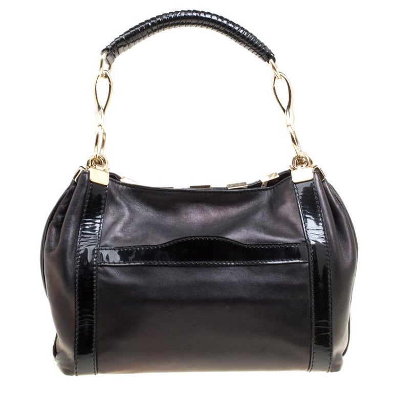 Versace Black Leather and Patent Stripe Logo Shoulder Bag For Sale at ...