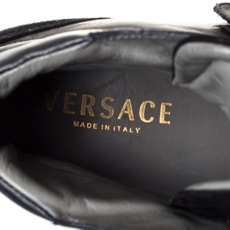 Versace Black Leather And Suede Medusa Strap High Top Sneakers Size 41 In Good Condition In Dubai, Al Qouz 2