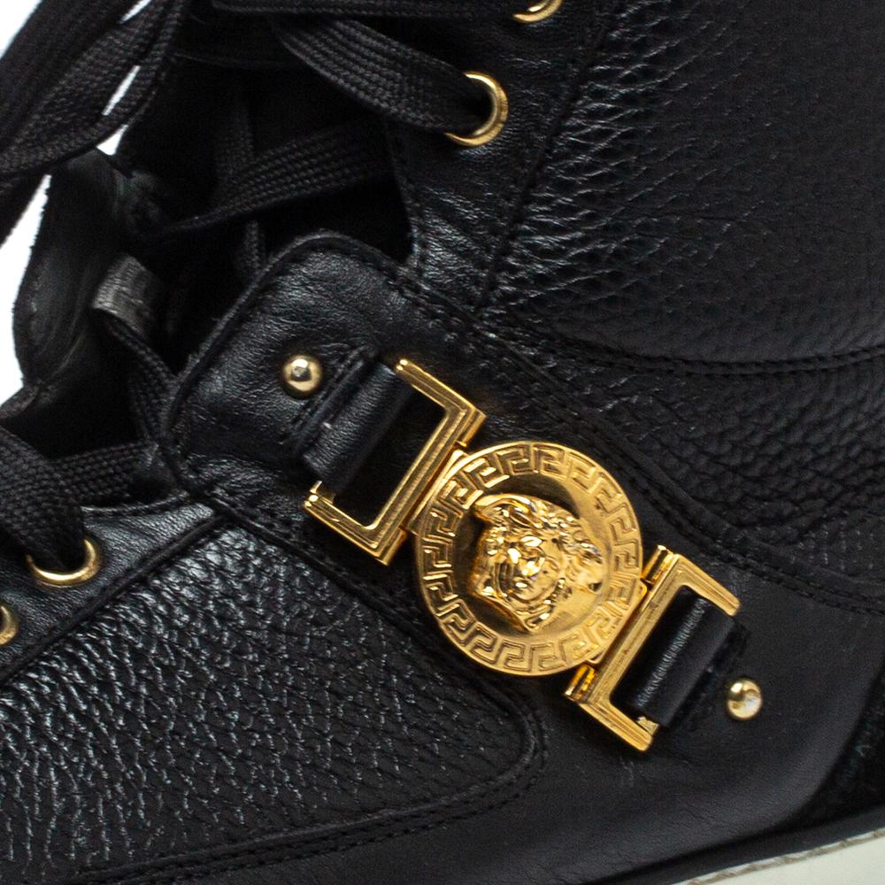 Versace Black Leather And Suede Medusa Strap High Top Sneakers Size 43 In Fair Condition In Dubai, Al Qouz 2