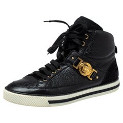 Versace Black Leather And Suede Medusa Strap High Top Sneakers Size 43