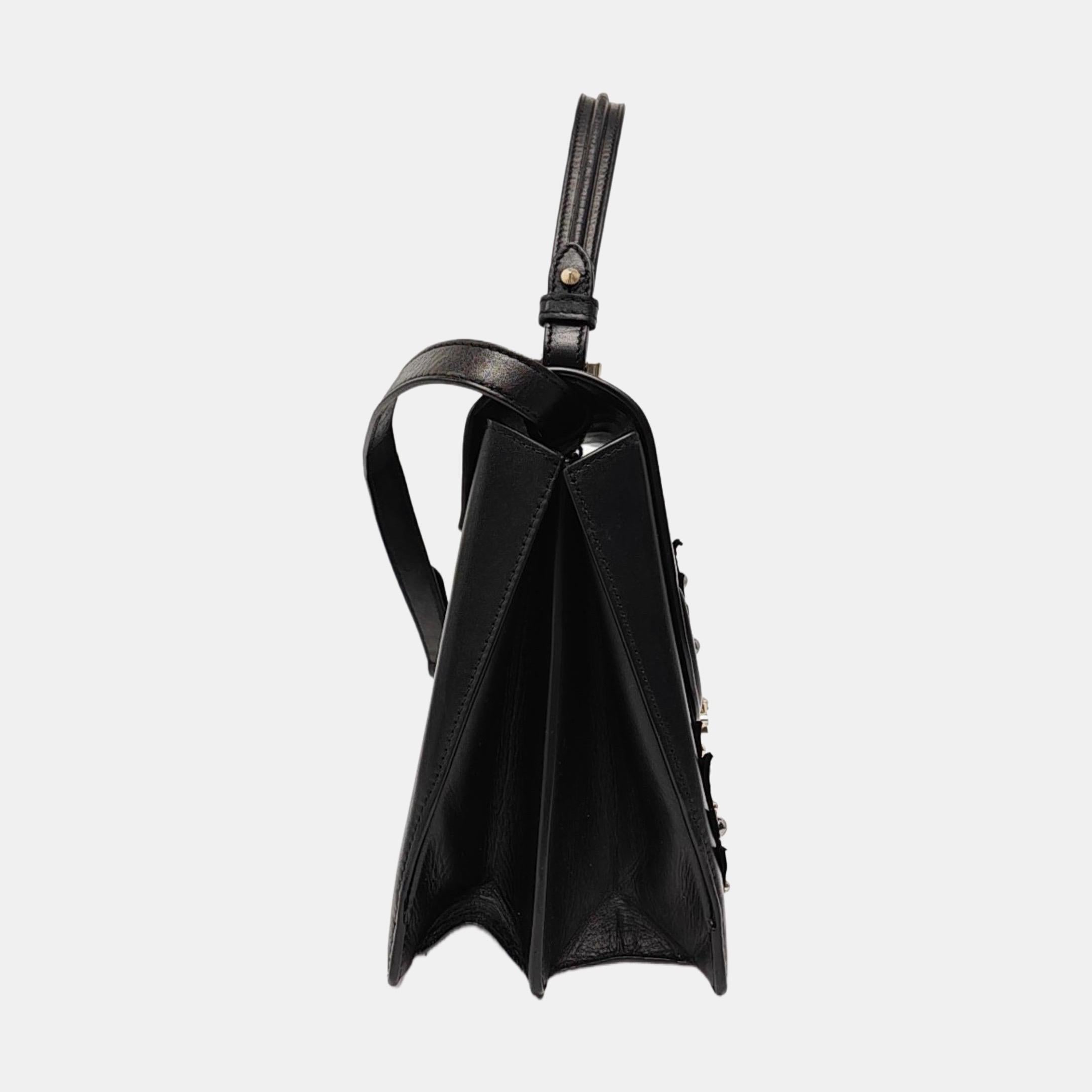 Noir Versace Black Leather Applique Studded Flap Top Handle Crossbody Bag en vente