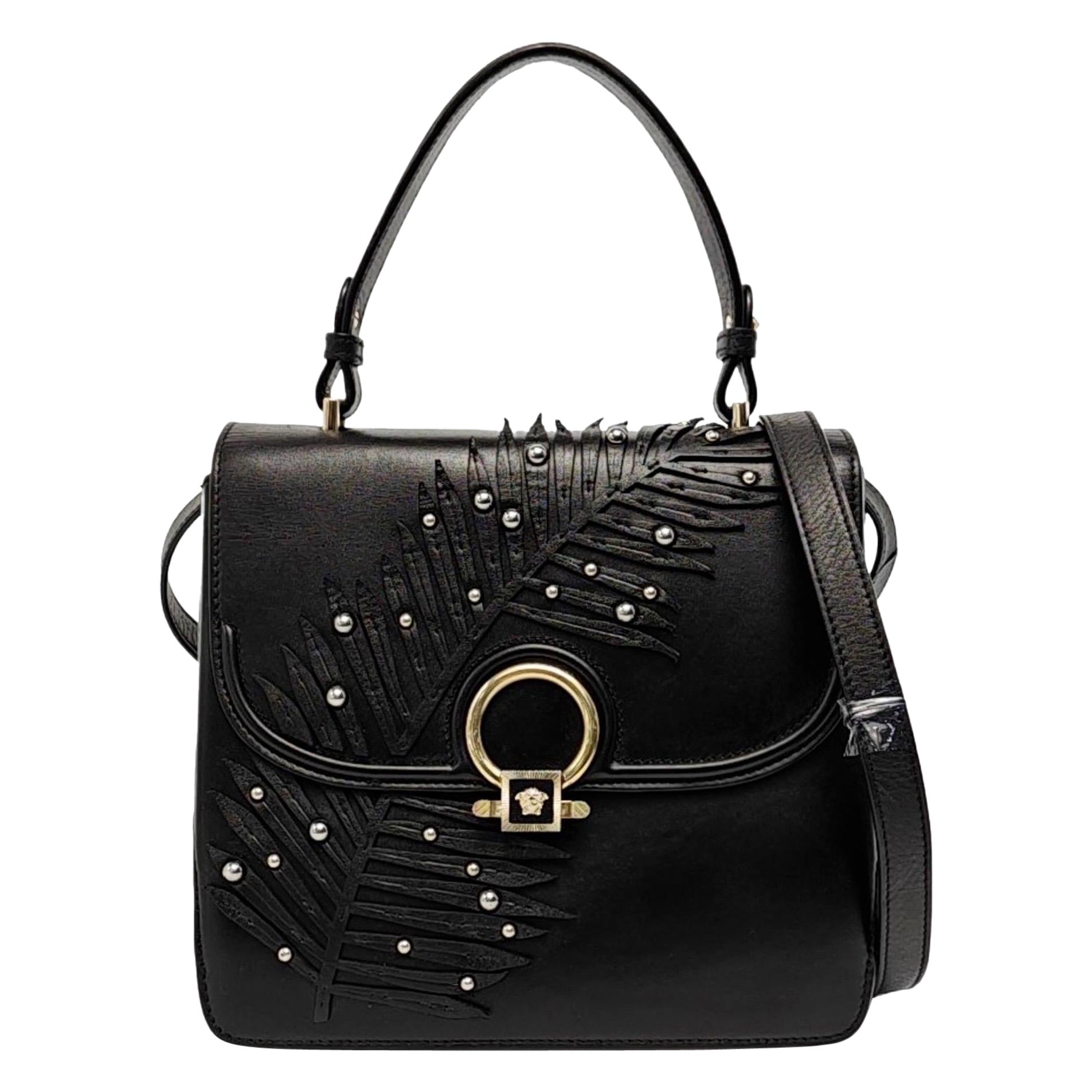 Versace Black Leather Applique Studded Flap Top Handle Crossbody Bag