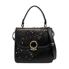 Versace Black Leather Applique Studded Flap Top Handle Crossbody Bag