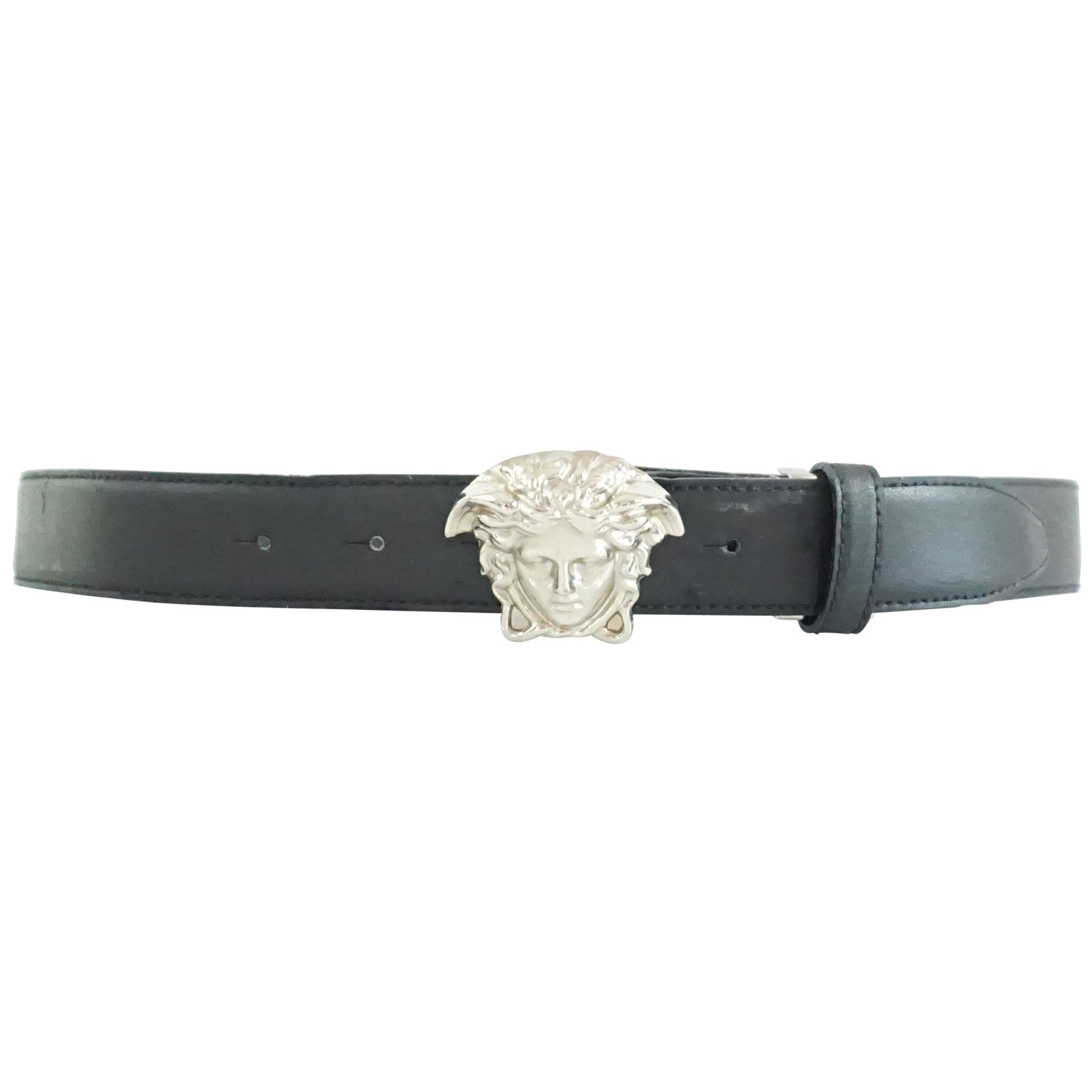 Versace Black Leather Belt with Silver Medusa Head at 1stDibs