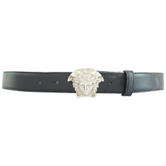 Vintage Versace Black Leather Belt with Silver Medusa Head