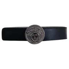 VERSACE BLACK LEATHER BELT with TITANIUM color MEDUSA ROUND GROOVED BUCKLE 90/36
