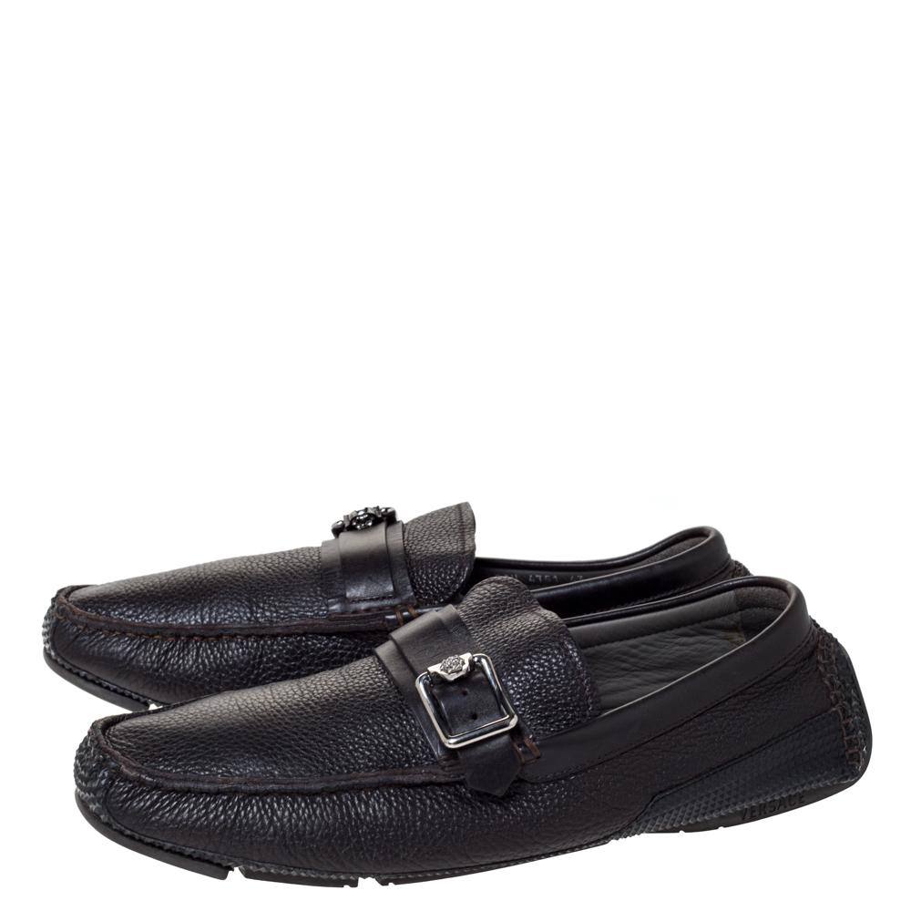 Versace Black Leather Buckle Detail Slip On Loafers Size 43 1