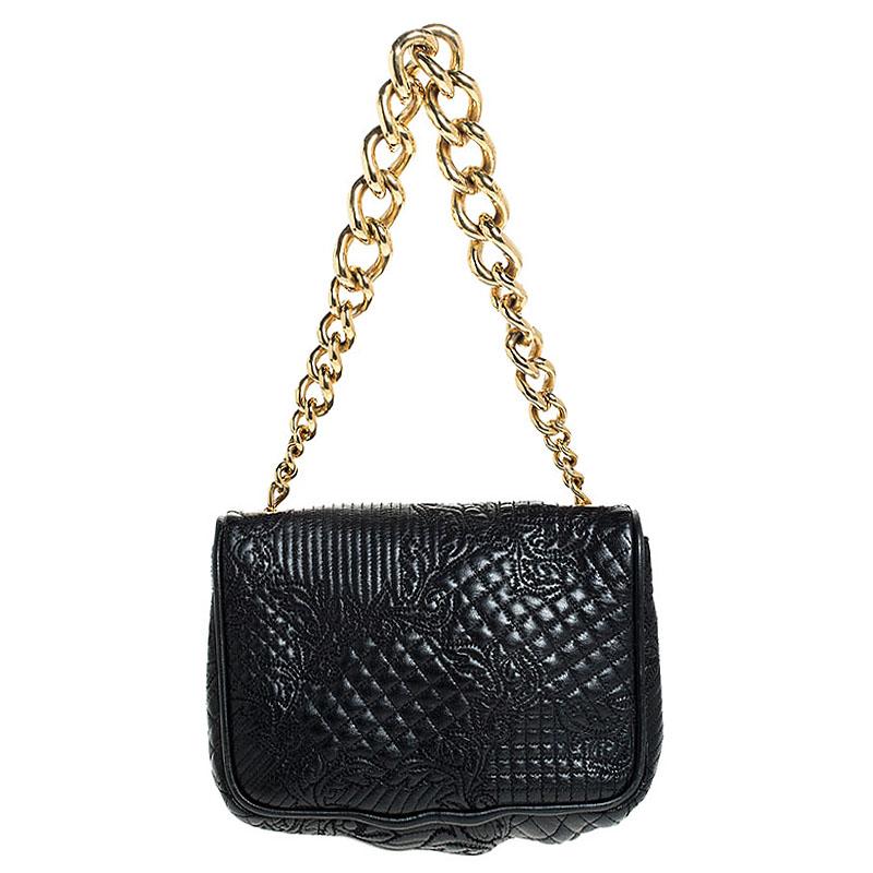 Versace Black Leather Chain Flap Shoulder Bag 2