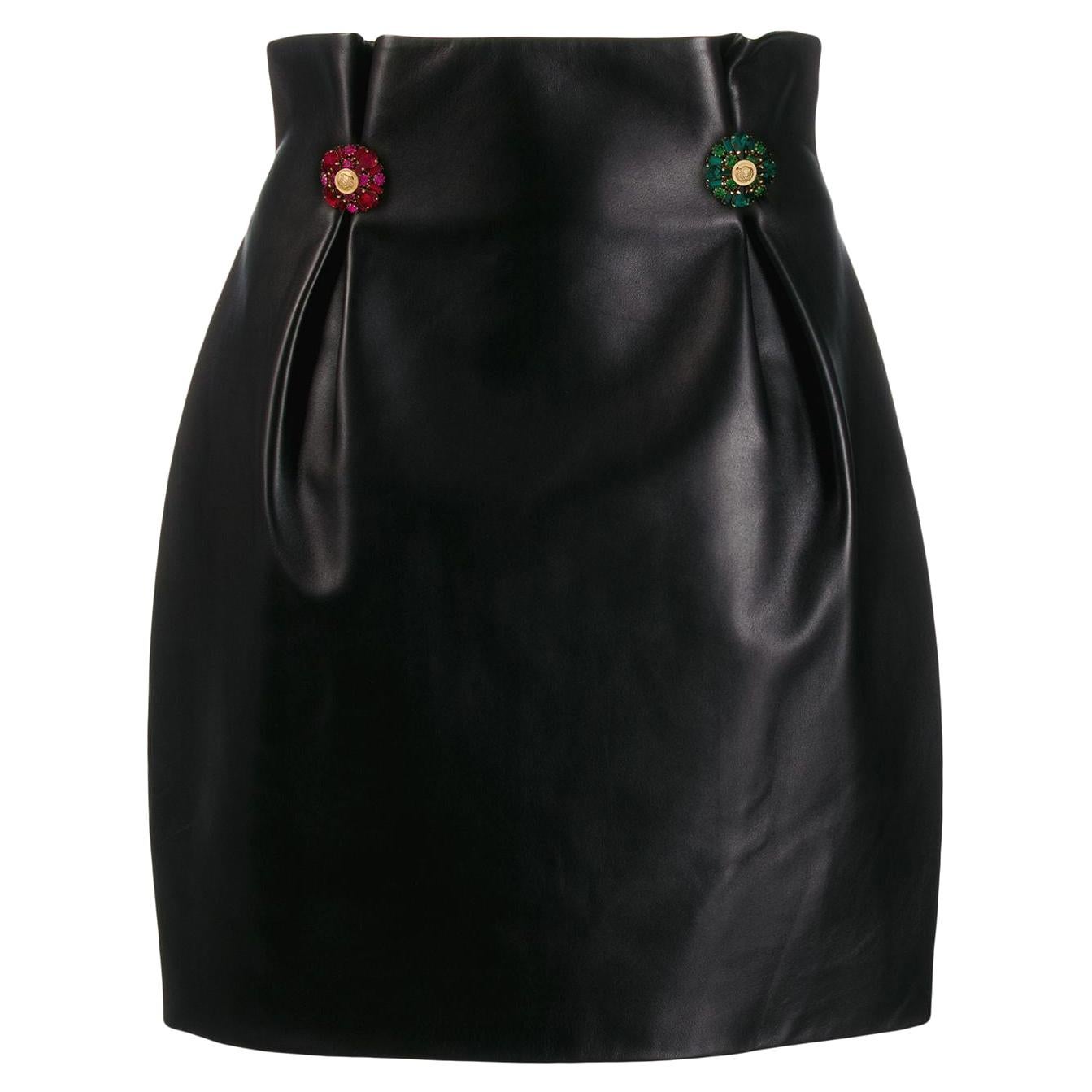 Versace Runway Black Leather Crystal Embellished High Waisted Mini Skirt Size 40