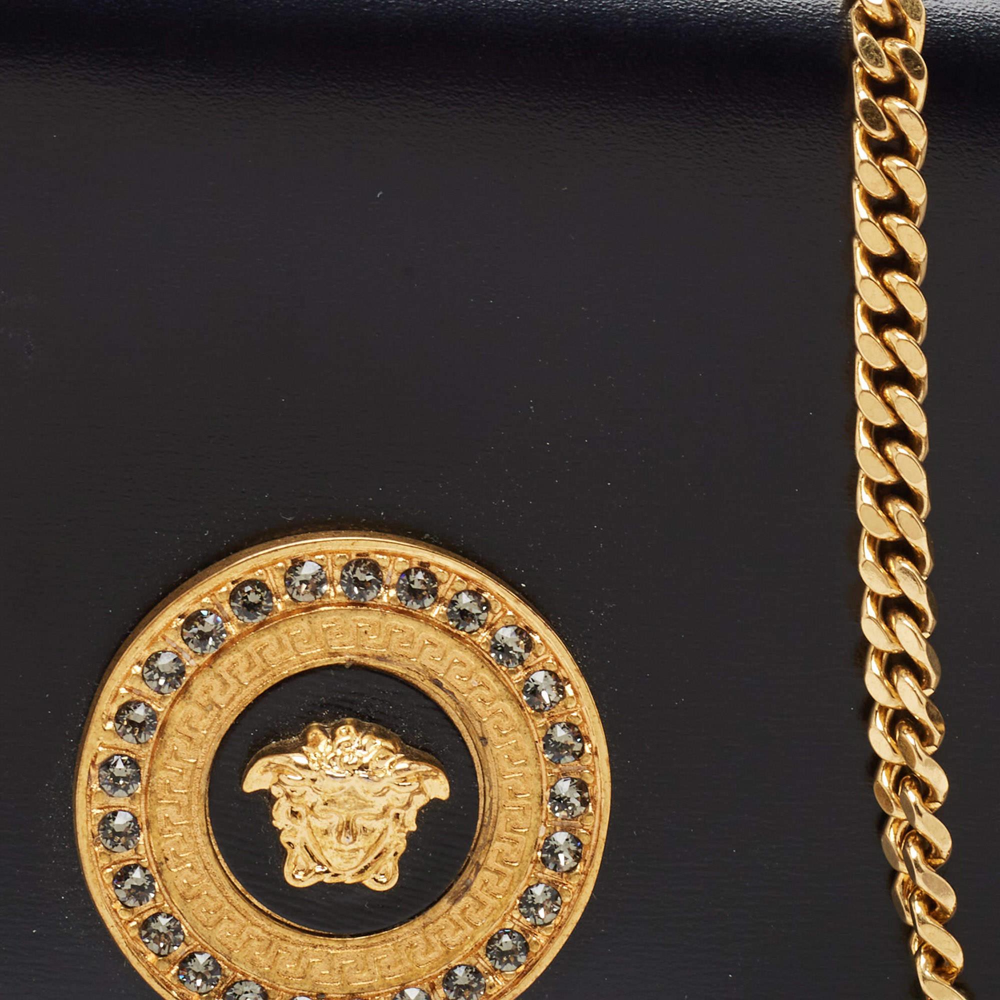 Versace Black Leather Crystals La Medusa Chain Clutch For Sale 8