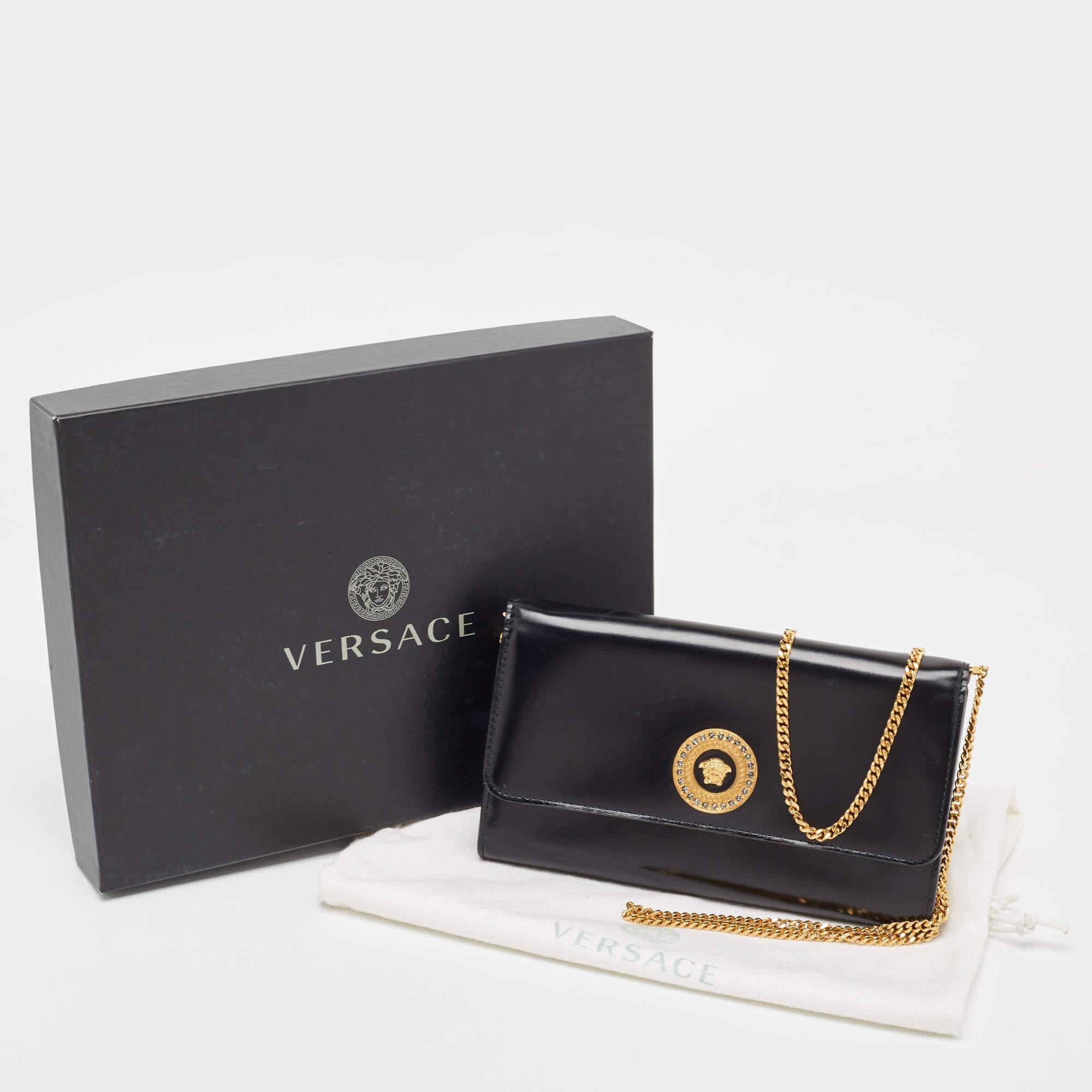 Versace Black Leather Crystals La Medusa Chain Clutch For Sale 11