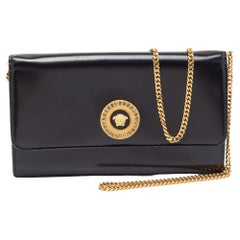 Versace Black Leather Crystals La Medusa Chain Clutch