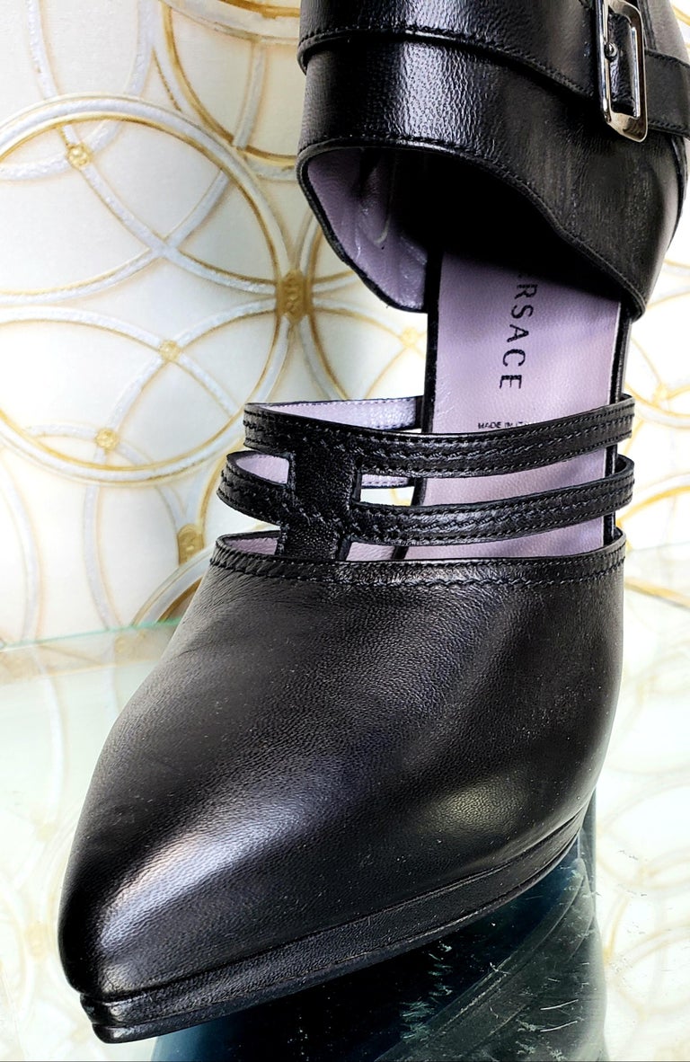 VERSACE BLACK LEATHER CUTOUT BOOTS with BLUE METALLIC SOLE For Sale at ...