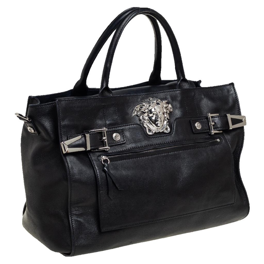 Versace Black Leather Donna Palazzo Top Handle Bag In Good Condition In Dubai, Al Qouz 2