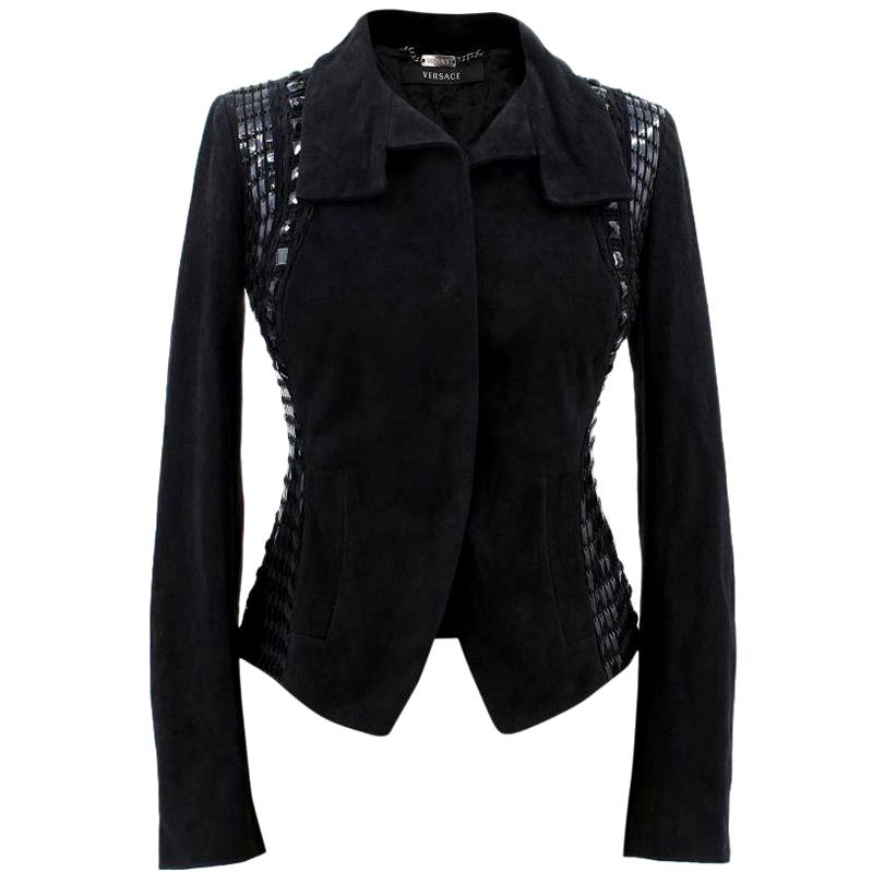 Versace Black Leather Embellished Jacket US 0-2 For Sale