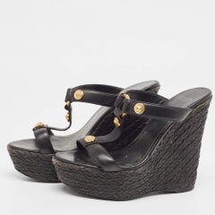 Versace Black Leather Embellished Wedge Sandals Size 37