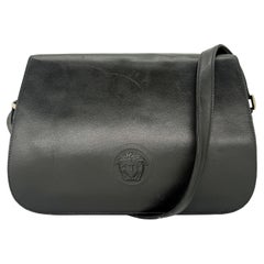 Vintage Versace Black Leather Flap Shoulder Crossbody Bag with Silver Hardware, 1997.