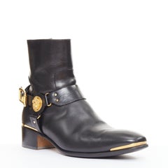 VERSACE black leather gold Medusa harness buckle metal tip ankle boots EU43
