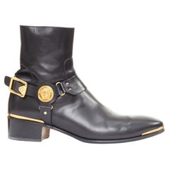 VERSACE black leather gold Medusa harness buckle metal tip ankle boots EU43