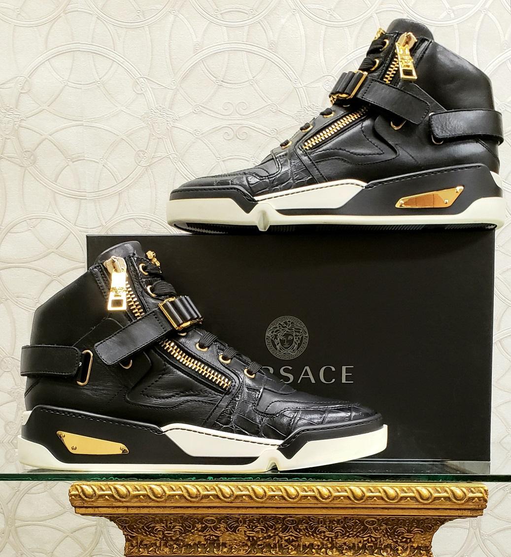 VERSACE BLACK LEATHER GOLD MEDUSA ZIPPER HIGH-TOP Fashion SNEAKERS 41 - 8 2