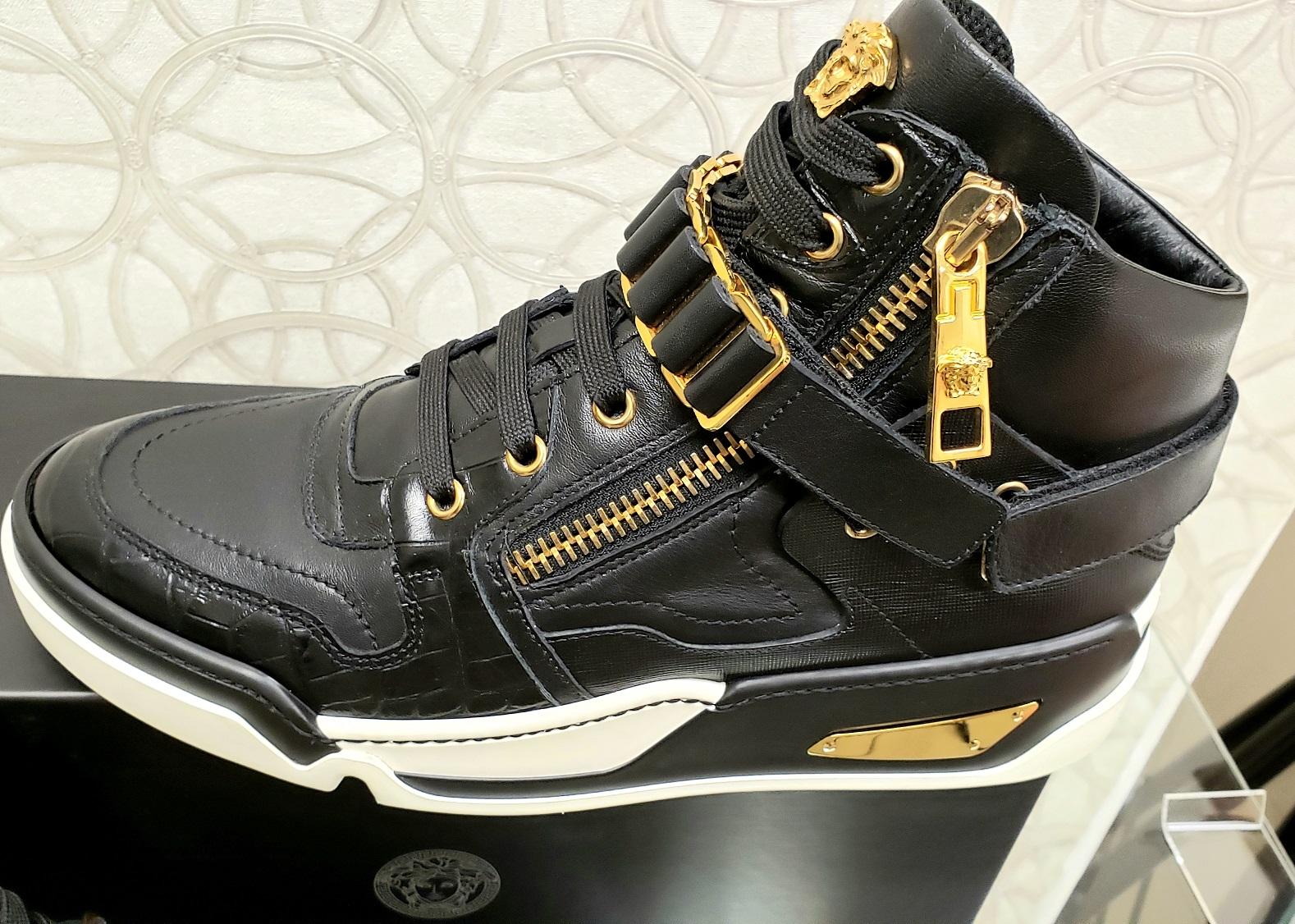 VERSACE BLACK LEATHER GOLD MEDUSA ZIPPER HIGH-TOP Fashion SNEAKERS 41 - 8 4