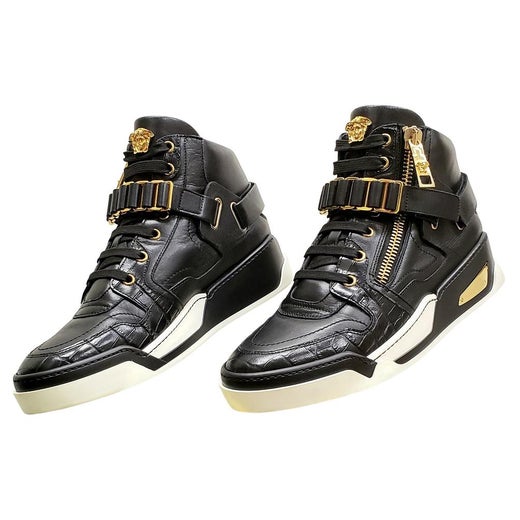 VERSACE BLACK LEATHER GOLD MEDUSA ZIPPER HIGH-TOP Fashion SNEAKERS 41 - 8  at 1stDibs
