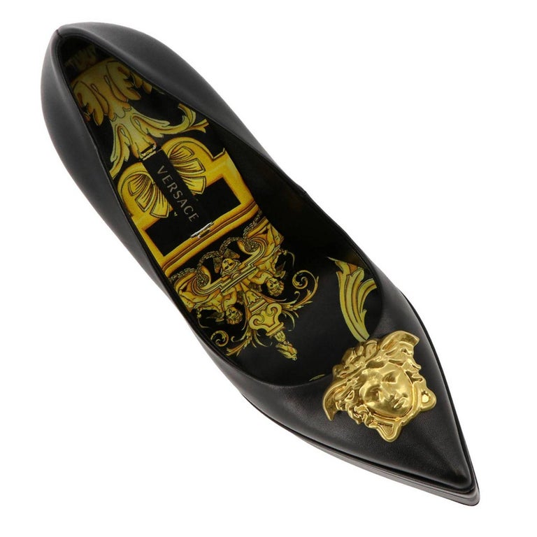 Versace Black Leather Gold Tone Medusa Palazzo Platform Stiletto Pump Size  40 For Sale at 1stDibs