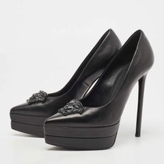 Versace Black Leather Black Tonal Medusa Head Palazzo Platform Pump Size 41