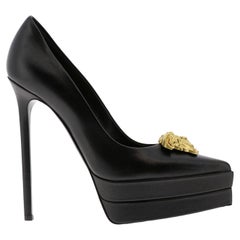 Versace Black Leather Gold Tone Medusa Palazzo Platform Stiletto Pump Size 41