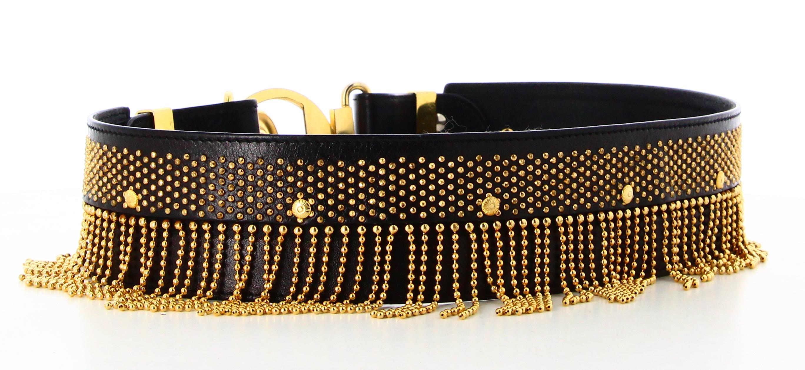 Versace Schwarzer Ledergürtel mit goldenen Fransen  im Angebot 1