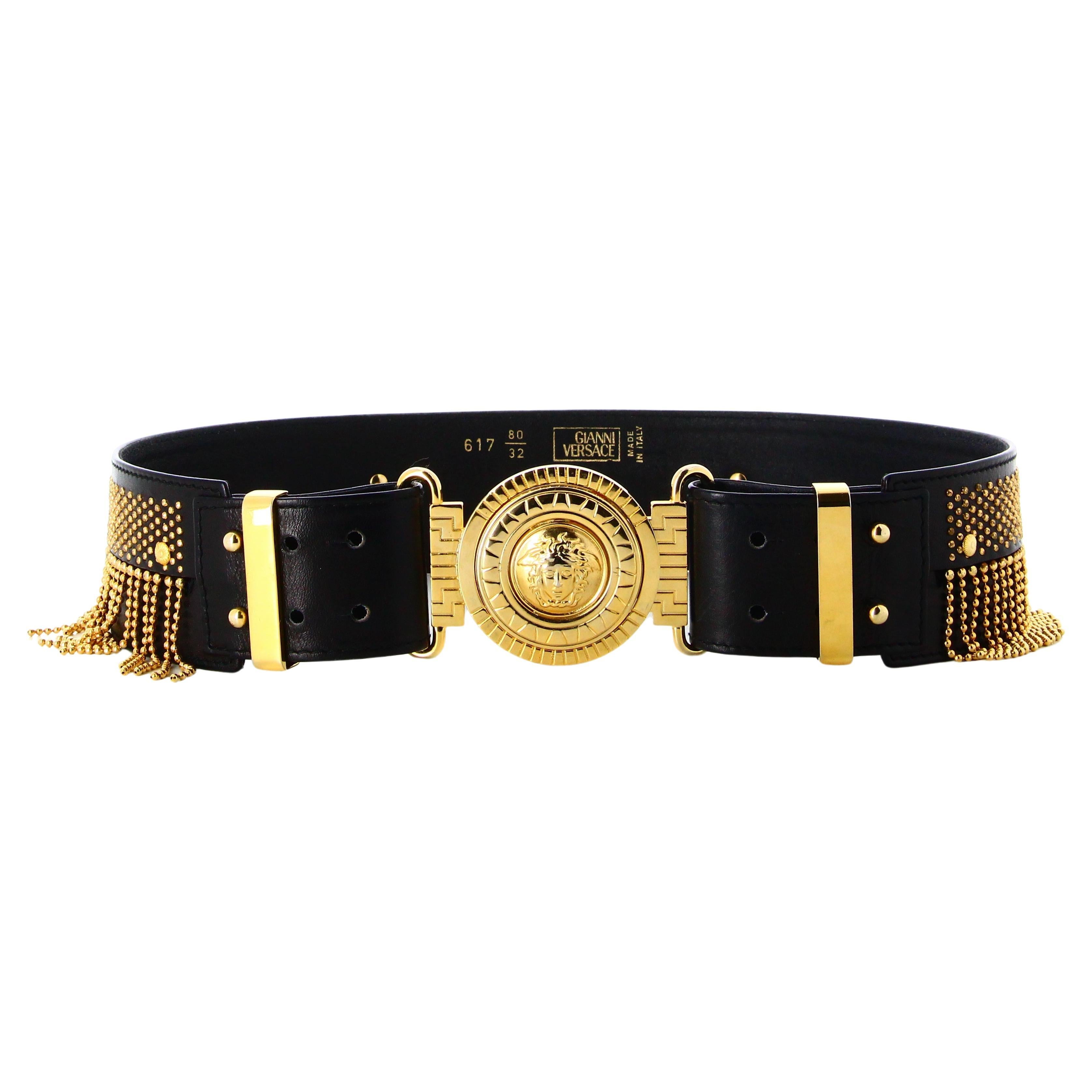Versace Black Leather Golden Fringe Belt  For Sale