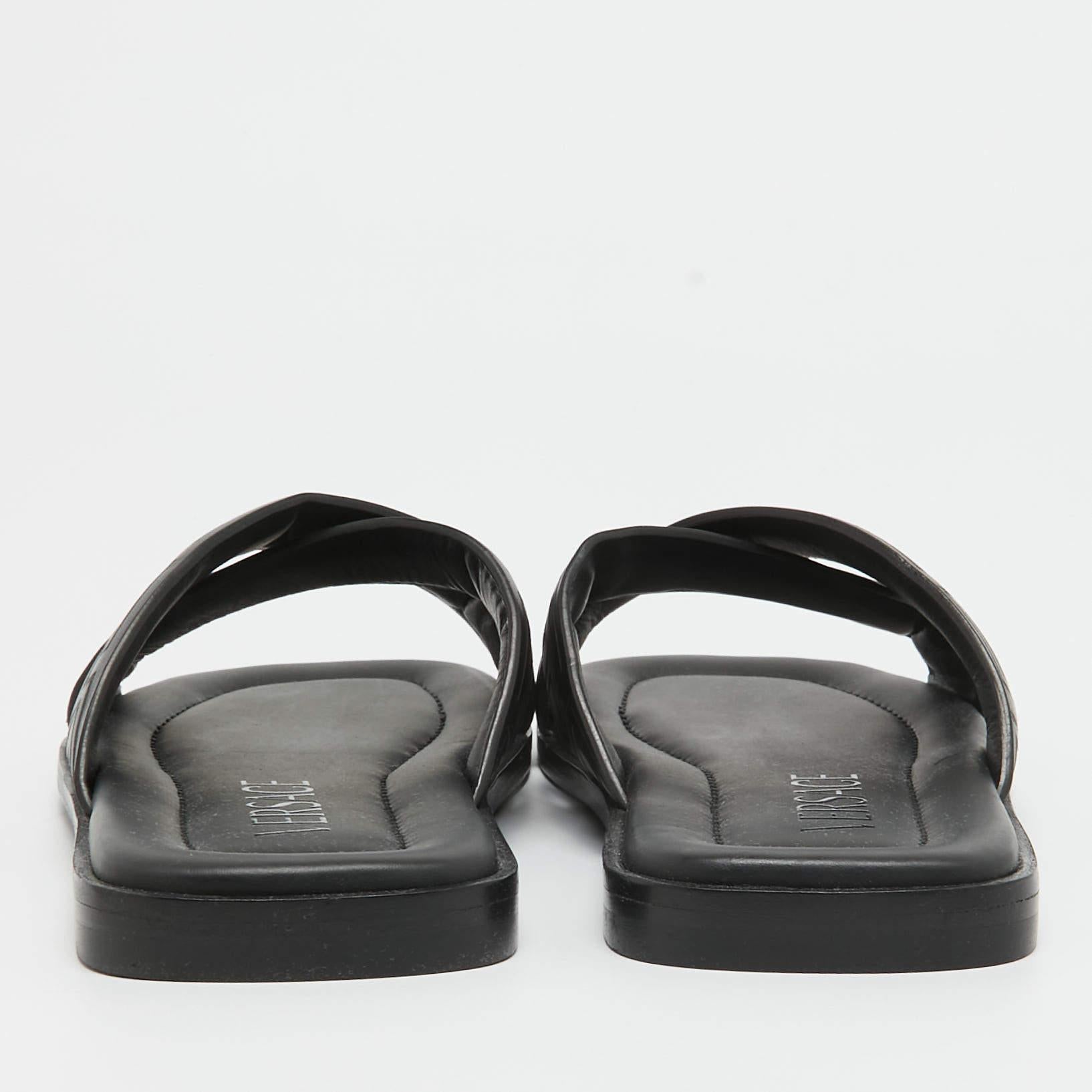 Versace Black Leather Greca Flat Slides Size 42.5 3