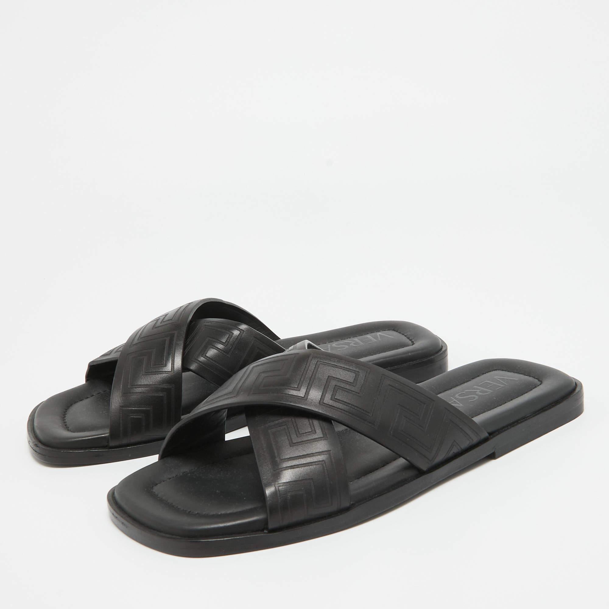 Versace Black Leather Greca Flat Slides Size 42.5 4