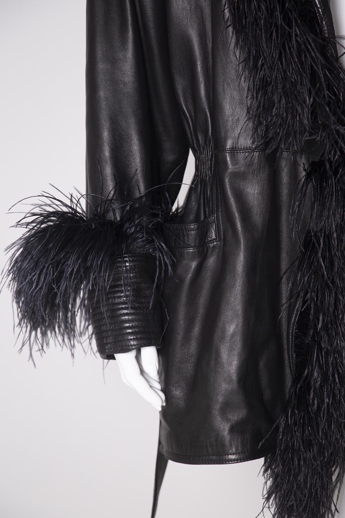 Black Gianni Versace Eccentric Leather Jacket with Ostrich Feathers