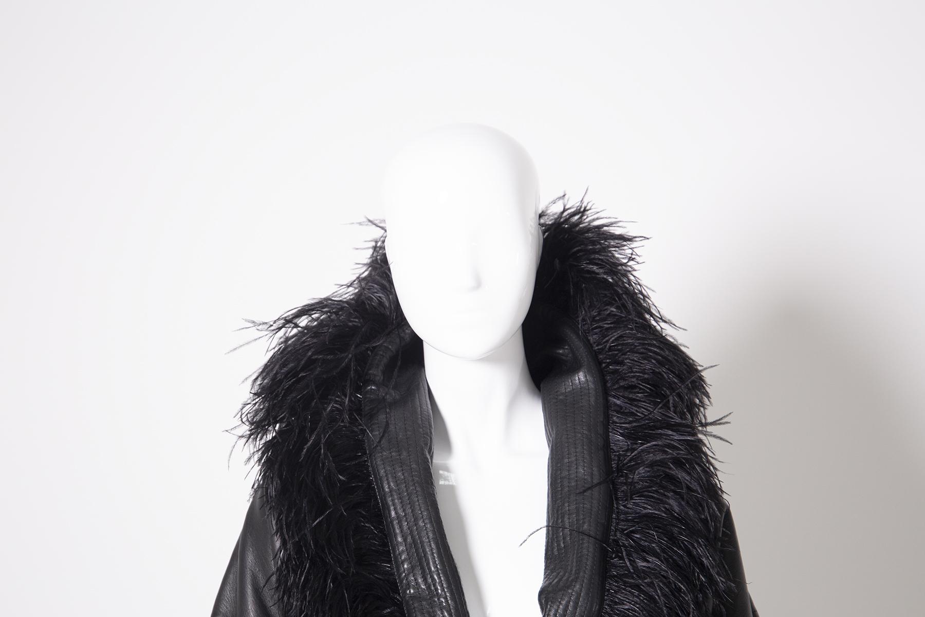 Gianni Versace Eccentric Leather Jacket with Ostrich Feathers In Good Condition In Milano, IT