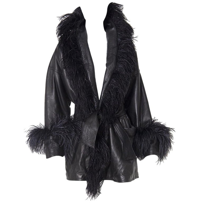 Gianni Versace Eccentric Leather Jacket with Ostrich Feathers at 1stDibs | feather  leather jacket, feather trim coat