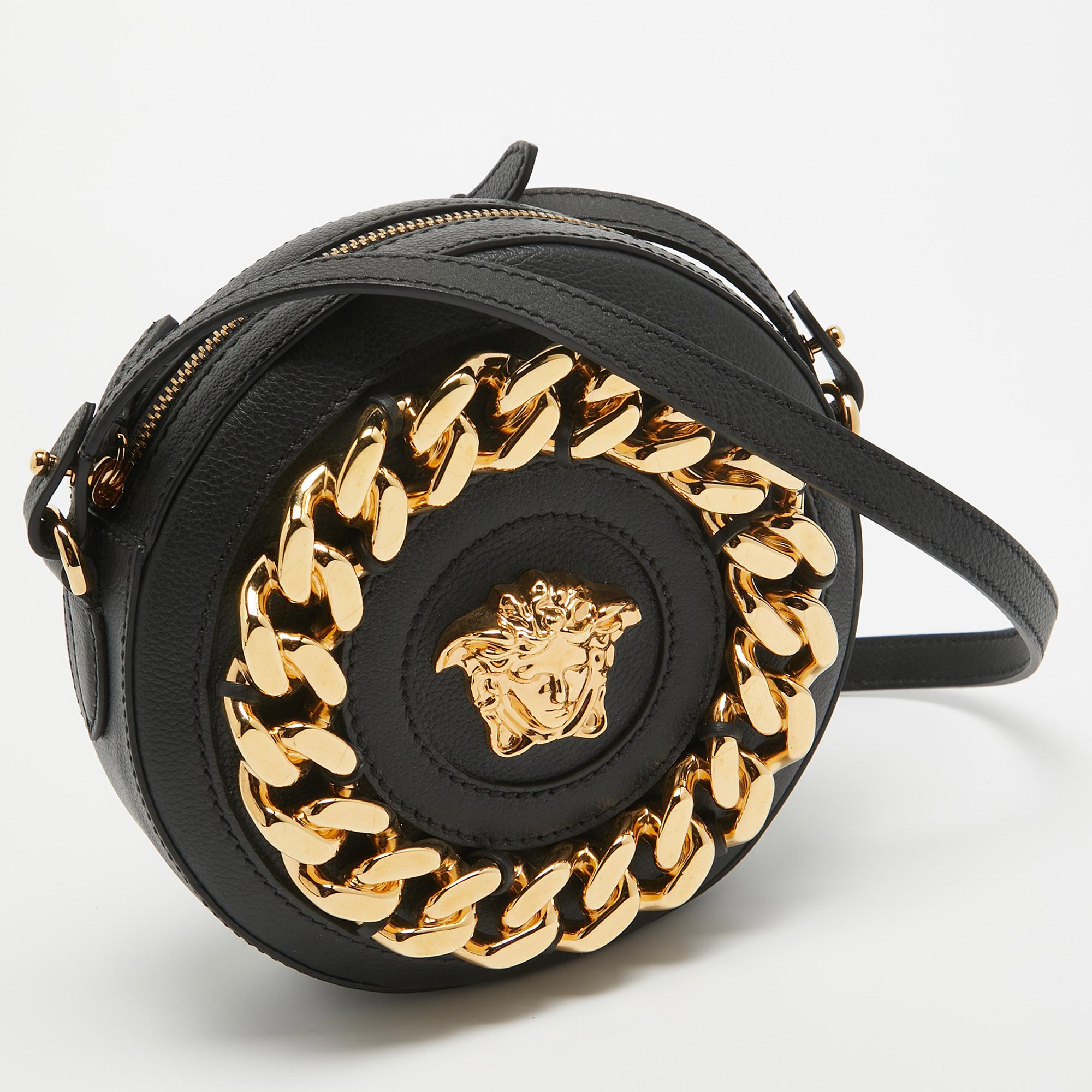 Versace Black Leather La Medusa Chain Round Crossbody Bag For Sale 5