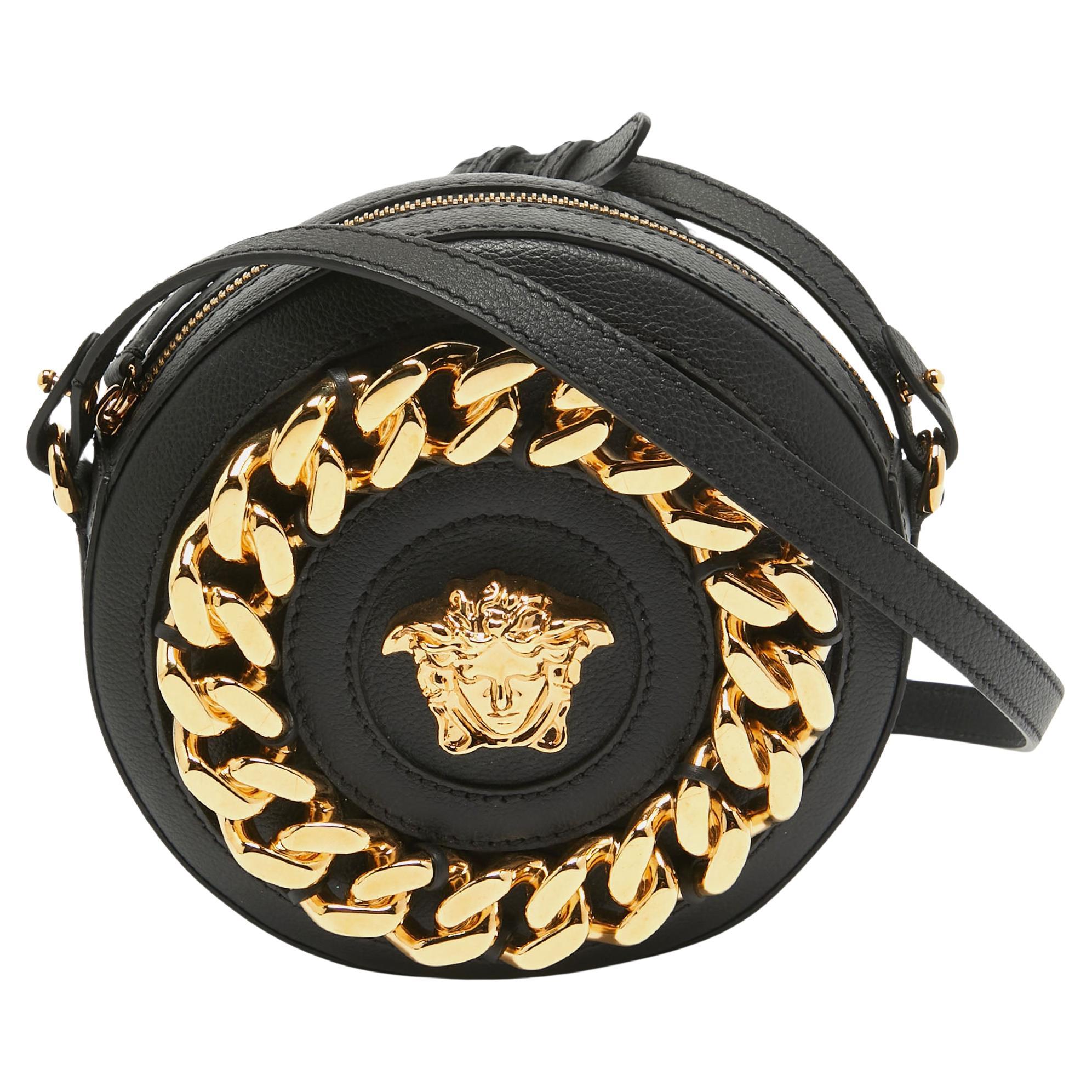 Versace Black Leather La Medusa Chain Round Crossbody Bag For Sale