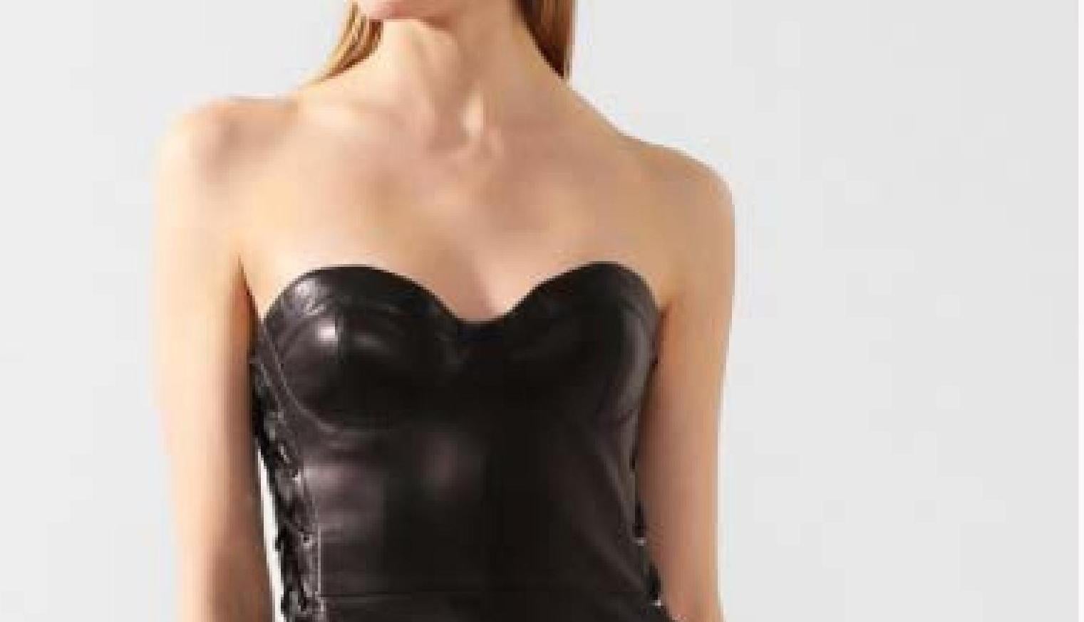 strapless black leather dress