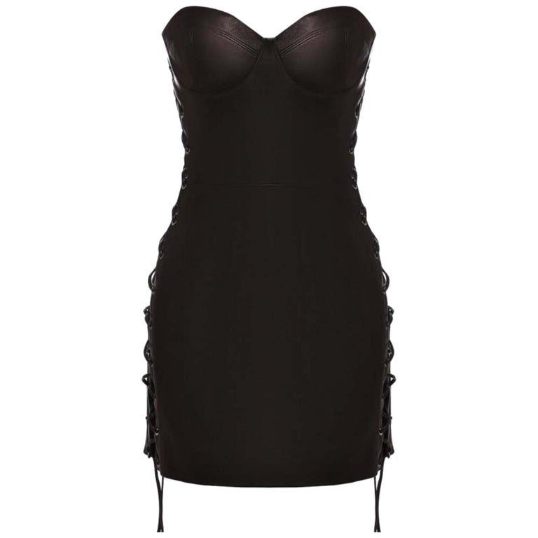 VERSACE BLACK LEATHER LACE UP MINI STRAPLESS Dress 38, 40 at 1stDibs