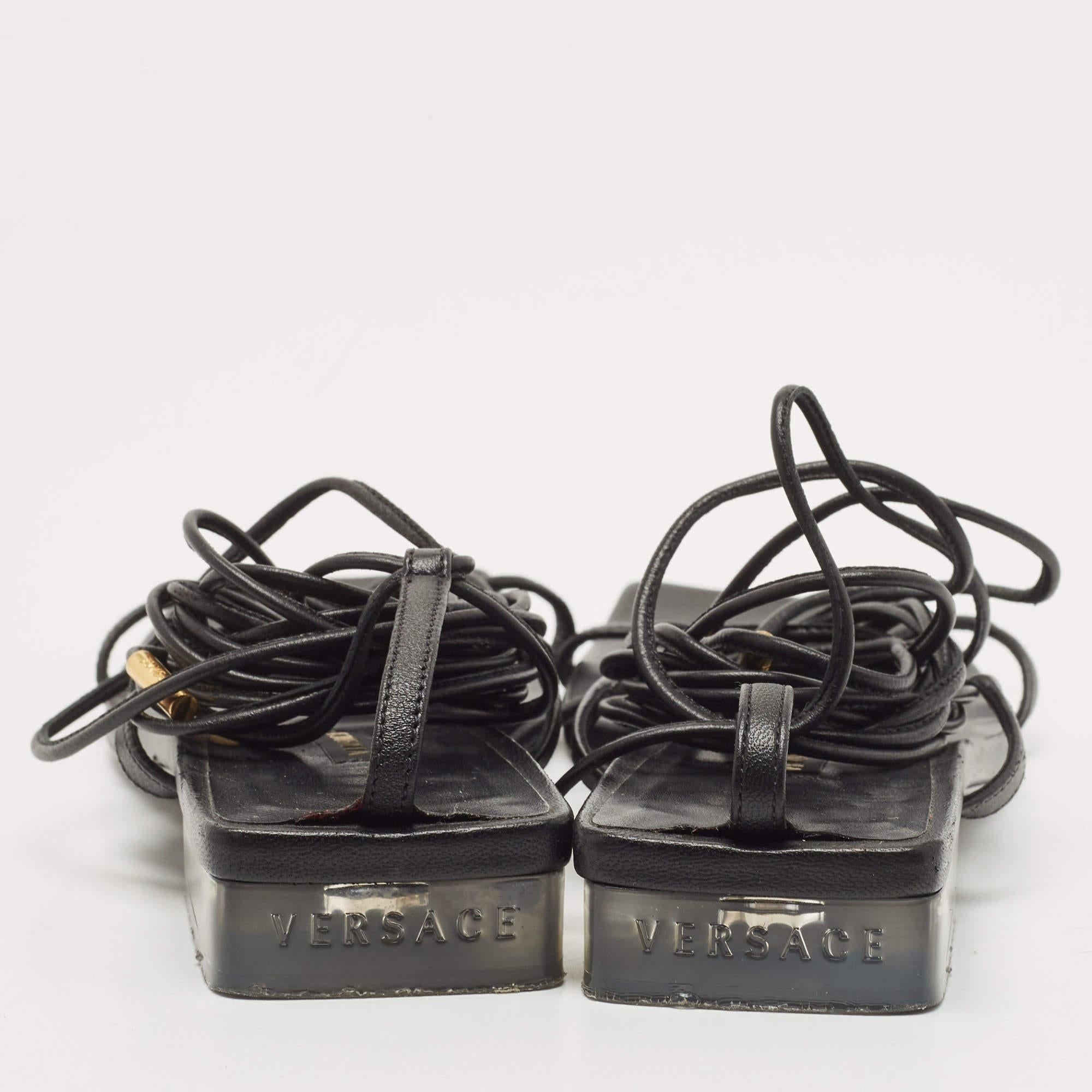 Versace Black Leather Lace Up Thong Sandals Size 38 For Sale 1