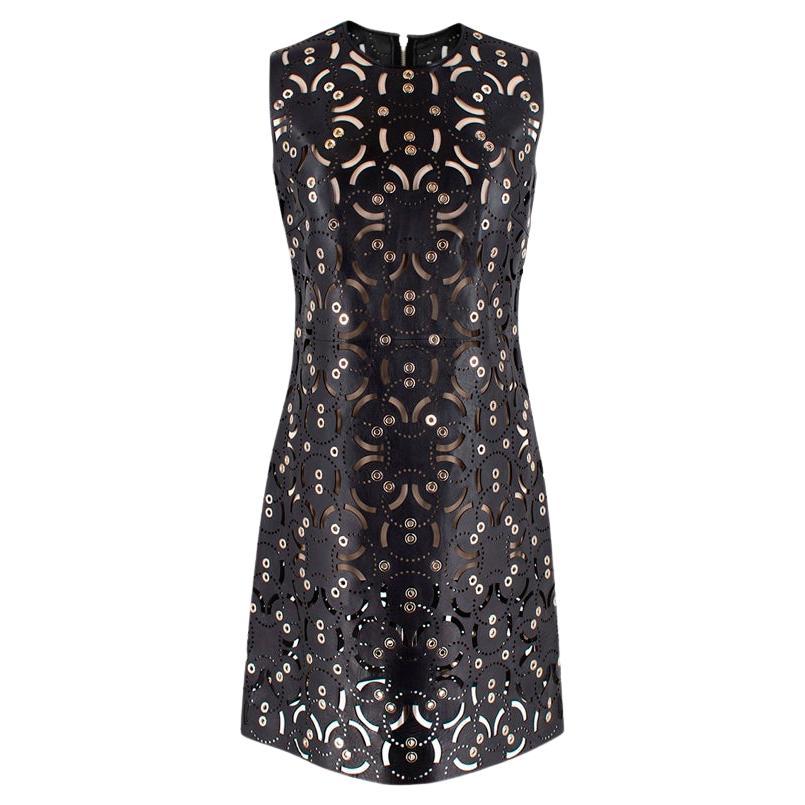 Versace Black Leather Laser-Cut Eyelet Embellished Dress For Sale