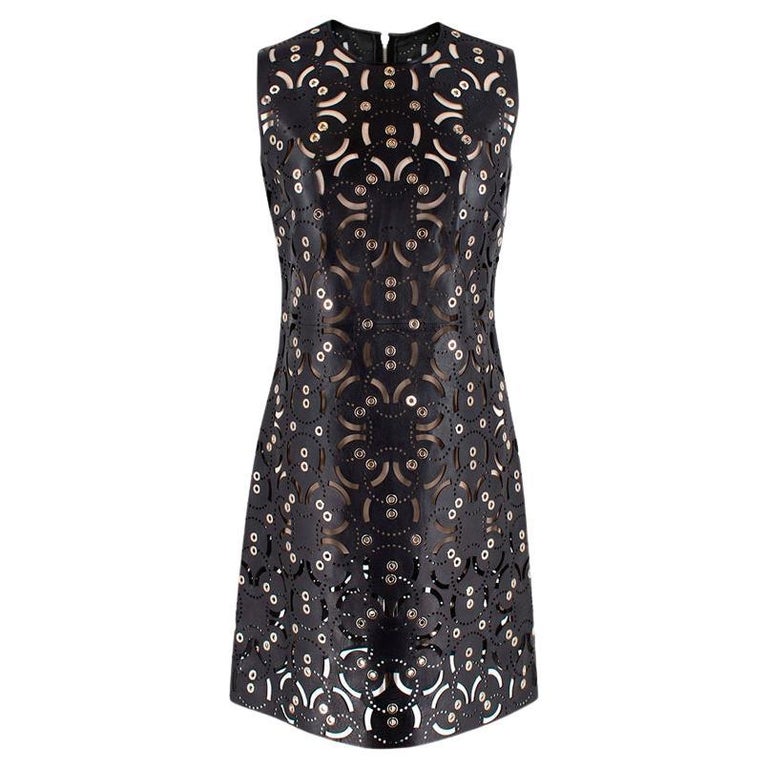 Versace Black Leather Laser-Cut Eyelet Embellished Dress For Sale at ...